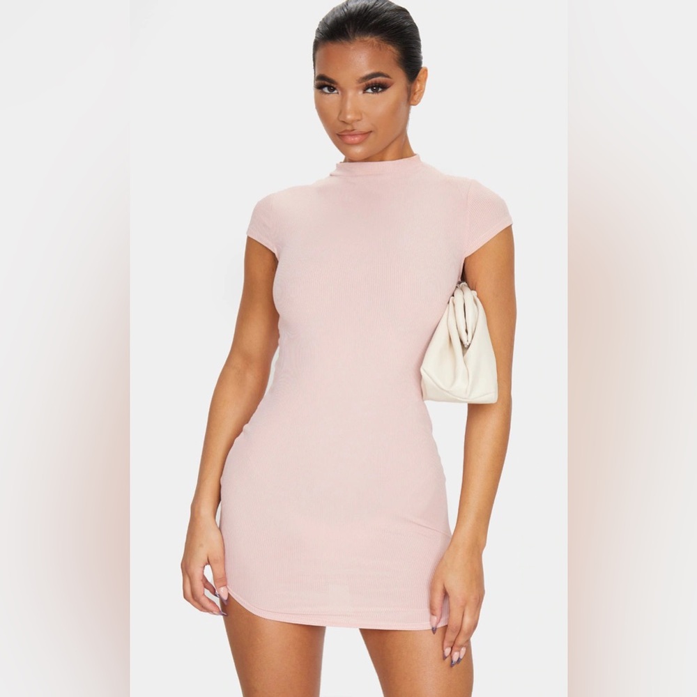 PRETTYLITTLETHING Rose High Neck Ribbed Bodycon Dress
